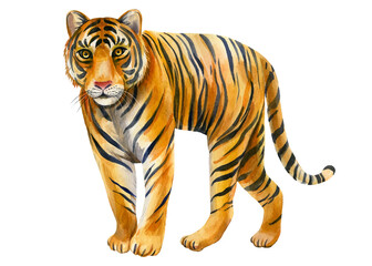 Tiger on an isolated white background. Watercolor illustration, cute animal