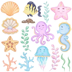 Deurstickers In de zee Aquarel onderwaterwereld illustraties, Zeedieren, Afdrukbare kunst