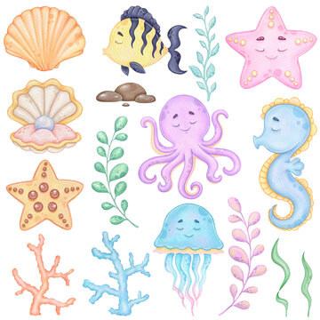 Watercolor underwater world clip art, Sea animals, Printable art