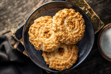 Sweet coconut cookies. Tasty biscuits with coconut flavor.