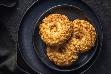Sweet coconut cookies. Tasty biscuits with coconut flavor.