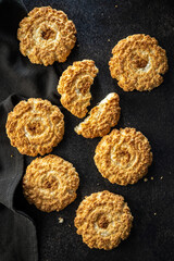 Sweet coconut cookies. Tasty biscuits with coconut flavor.