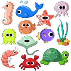Set with cute cartoon underwaters animals in color