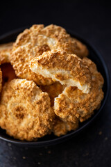 Sweet coconut cookies. Tasty biscuits with coconut flavor.
