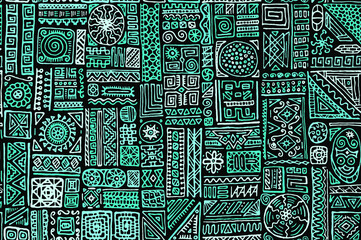 Traditional african vector seamless pattern design in black turquoise colors
