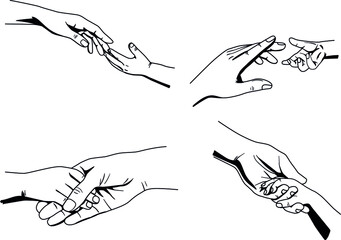 Drawing of holding hands isolated on white background. Symbol of love, dating, close relationship, intimacy and romance. Hand drawn black and white vector illustration.
