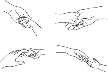 Drawing of holding hands isolated on white background. Symbol of love, dating, close relationship, intimacy and romance. Hand drawn black and white vector illustration.
