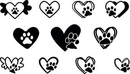 Fototapeta premium Cat and dog footprint inside heart, vector icon logo design template, animal paw print isolated on white background