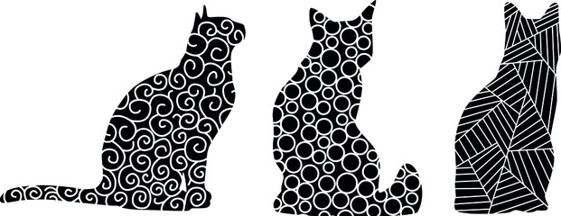 Cat with abstract pattern. Vector illustration. Hand drawn Doodle artwork. Summer concept for party card, ticket, branding, logo, label. Black, beige color
