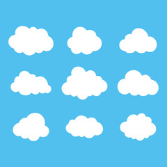 Set of cloud outline icons. Nature symbol vector illustration on blue sky background.