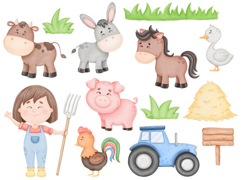 Watercolor cute Farm set, children print