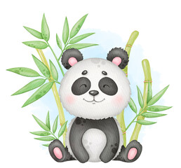 Fototapety  Cute panda and bamboo children illustration isolated on white