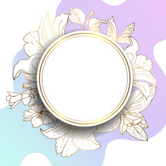 Gold frame. Leaves and flowers from golden threads. Round frame with summer flowers in vintage style. Vector illustration. Place for an inscription.