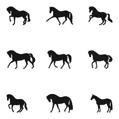 Horse silhouettes set. Different types of movement, immobility, step, trot, gallop
