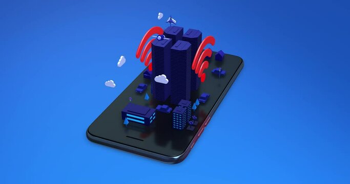Wireless Smart City. High Speed Network. Skyscrapers On Smart Phone. Loop. Night Time. Technology Related 3D 4K Motion Graphics.