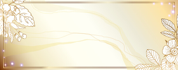 Gold frame with flowers. Shiny flowers and twigs. Vector. Place for your text.