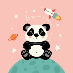 Cute panda in a helmet with a rocket. Cartoon vector illustration. Can be used for t-shirt print, kids wear fashion design, baby shower invitation card, nursery, kids room poster, wall art. Isolated
