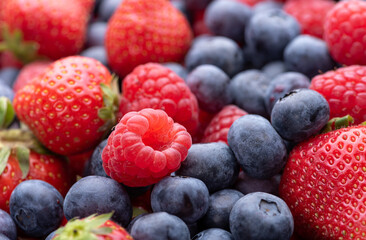 Raspberry, strawberry and blueberry berries in a basket