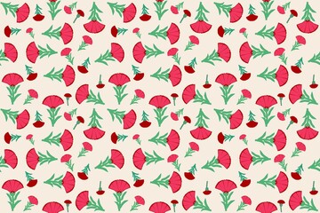 Repeating pattern of red carnation flowers on a stem with green leaves on a beige background for printing on fabric and paper