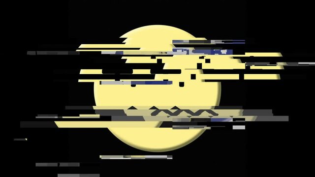 A 3d round yellow emoji (smile), dead (crosses for the eyes, a zigzag line for the mouth), with a heavy digital distortion glitch effect.
