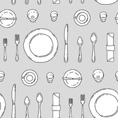 Seamless pattern with dishes, plates, spoons and forks in doodle style. Cutlery in hand drawn style.