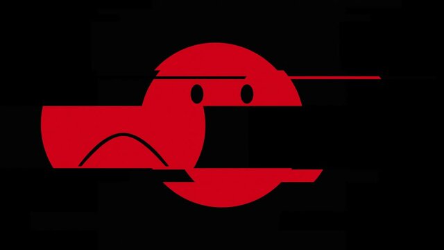 A red sad round emoji (smile), simple style, with a heavy digital distortion glitch effect.
