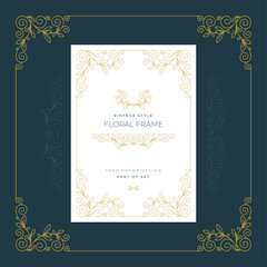 Vintage style floral frame, ornaments and with design elements set. Retro greeting card, invitation, certificate, diploma, label and menu templates. Part of set.
