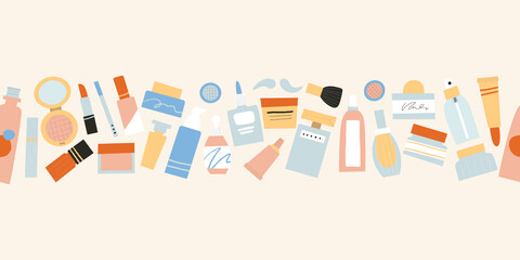 Cosmetics containers and tubes for make up seamless border.