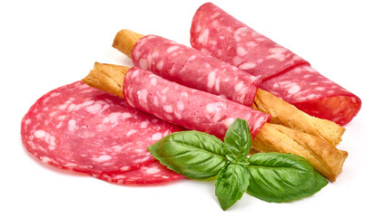 Spanish cured sausage, salchichon, isolated on white background. High resolution image.