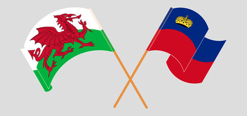 Crossed and waving flags of Wales and Liechtenstein