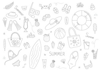 Set of summer, sea and holiday elements. Toys, clothing and accessories, drinks and ice cream, marine life and corals. Isolated contour objects in doodle style on a white.