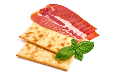 Prosciutto slices, isolated on white background. High resolution image.
