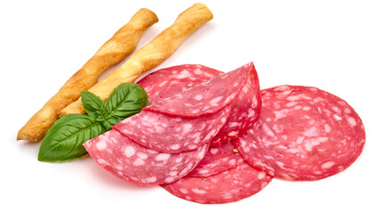 Spanish salchichon, cured sausage, isolated on white background. High resolution image.