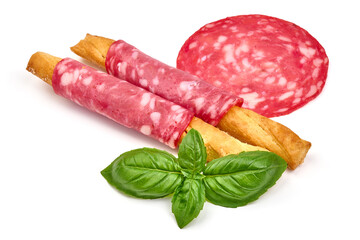 Smoked Salchichon sausage, isolated on white background. High resolution image.