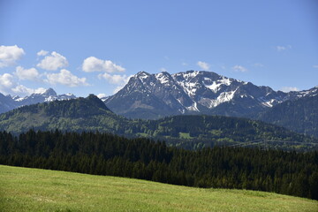 Plakat Allgäu bei Eisenberg mit Wiesen, Bäumen, Bergen, Sonnenstern und blauem Himmel im Sommer