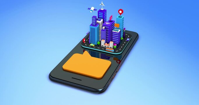 Online Chat Symbol In Smart City. Skyscrapers On Smart Phone. Perfect Loop. Technology Related 3D 4K Motion Graphics.