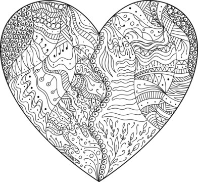 Zendoodle heart abstract decoration isolated icon. Black and white design for adult colouring book style. St Valentine's vector illustration.