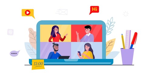 Laptop with a group of people in video conference Workplace Laptop screen People talking by internet Stream Web chatting Online meeting friends Flat vector illustration