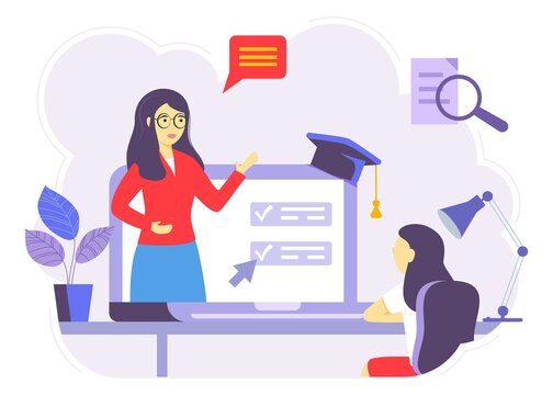 Online courses vector illustration Flat person learn virtual concept Modern knowledge development using internet training Teaching Webinar and distance lesson service Web presentation video