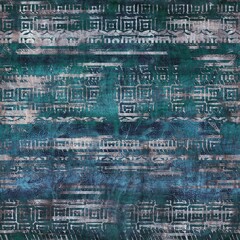 Seamless grungy tribal ethnic rug motif pattern. High quality illustration. Distressed old looking native style design in faded turquoise and gray colors. Old artisan textile seamless pattern.