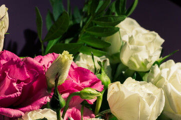 Beautiful natural background for valentine day, 8 march, and love theme, colorful bouquet of different fresh roses, close up, vintage style.