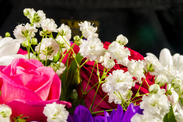 Background for a greeting card - beautiful gift bouquet of various colorful decorative summer flowers