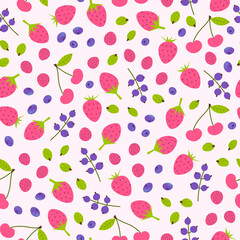 Garden berries pattern. Cute seamless background with strawberry, cherry, blueberry, raspberry.