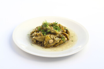 Broad bean and dill in the white plate with white background.	
