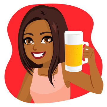 Beautiful happy black woman smiling holding cold beer mug toasting