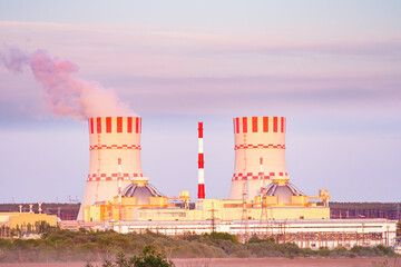 Nuclear power plant production clean energy from source renewable energy. Industrial zone with...