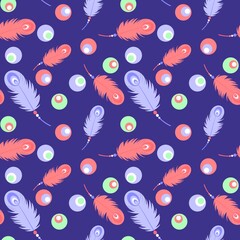 Set of fantasy colored feathers on blue background hand-drawn digital seamless pattern illustration