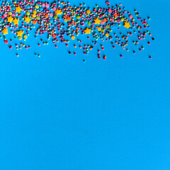 Blue minimalistic background. Postcard, festive solid color background with wonderful decor. Card with copy space for text. 