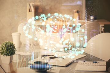 Double exposure of brain drawing and office interior background. Concept of data technology.