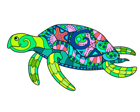 Turtle - vector linear full color illustration. Ocean animal - colorful sea turtle with patterns. Template for stained glass, batik or coloring. The sea animal is a vivid picture.